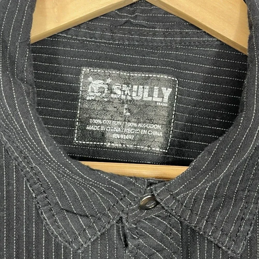 Skully Snap Button Shirt Pinstriped Pockets Western Cowboy Rodeo Black SZ L